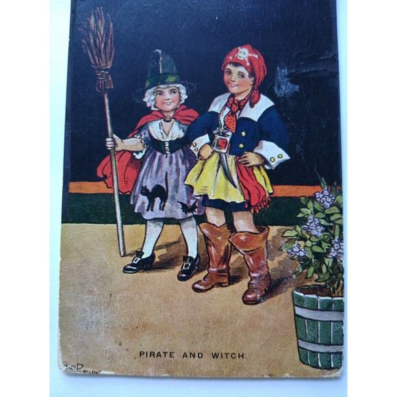 Halloween Postcard C W Faulkner & Co Ltd Pirate And Witch 1674 London Vintage - Picture 4 of 4